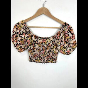 Billabong Cropped Sweatheart Neck Floral Puff Sleeve Top SIZE S